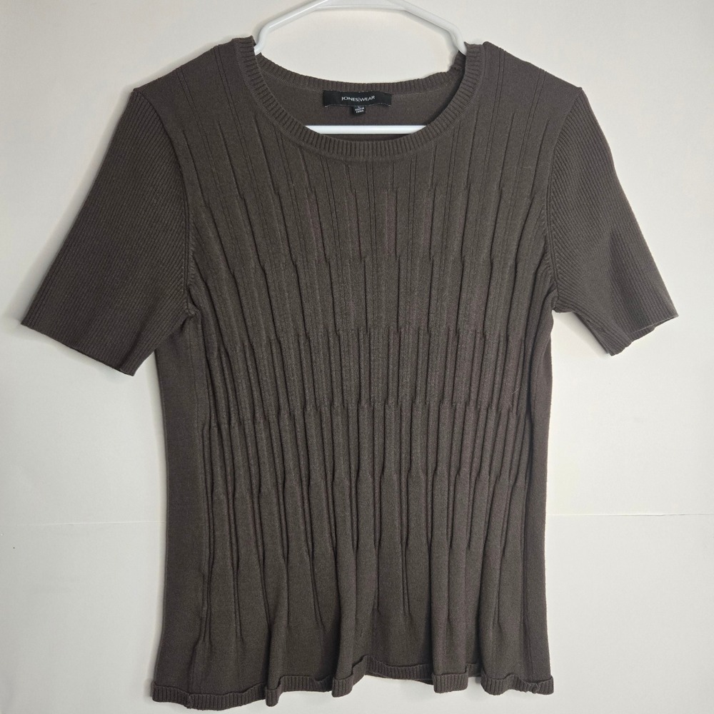 Jones Wear Women Brown Short Sleeve Ribbed Knit Top Sweater Size L whimsigoth
